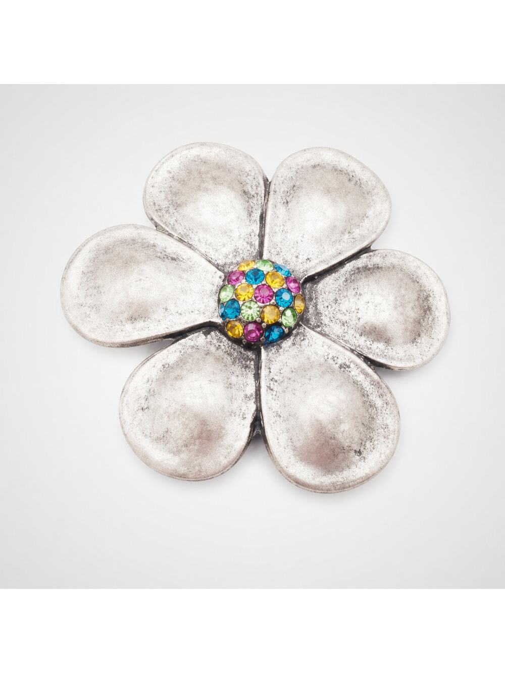 Rhinestone Pewter-tone Flower Brooch Pendant Pin 2 1 8" Vintage Colorful sf-34